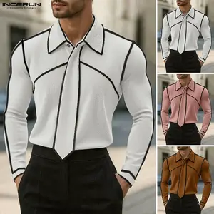 INCERUN Men's All Season Contrast Black Line Geometry Slim-Fit Knit Long Sleeve Shirt Occasion Fashion Business Creative Casual Party Gathering SpringStatements