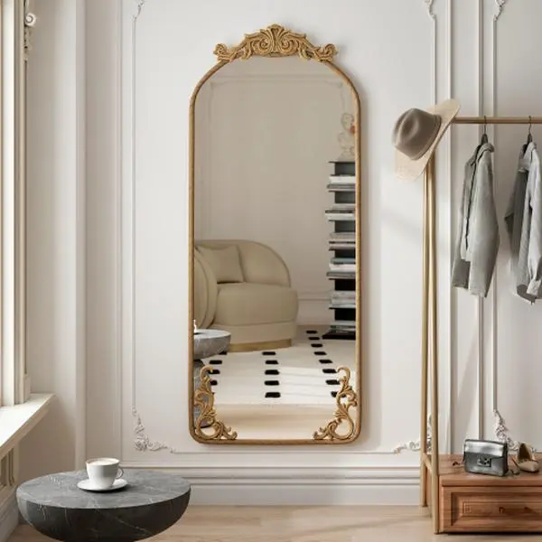 58"x24" Arched Full Body Mirror with Vintage Ornate Carved Applique on Top, Hanging Wall Mounted Mirror, for Living Room Bedroom Retro Home Decor Mirror, Bronze