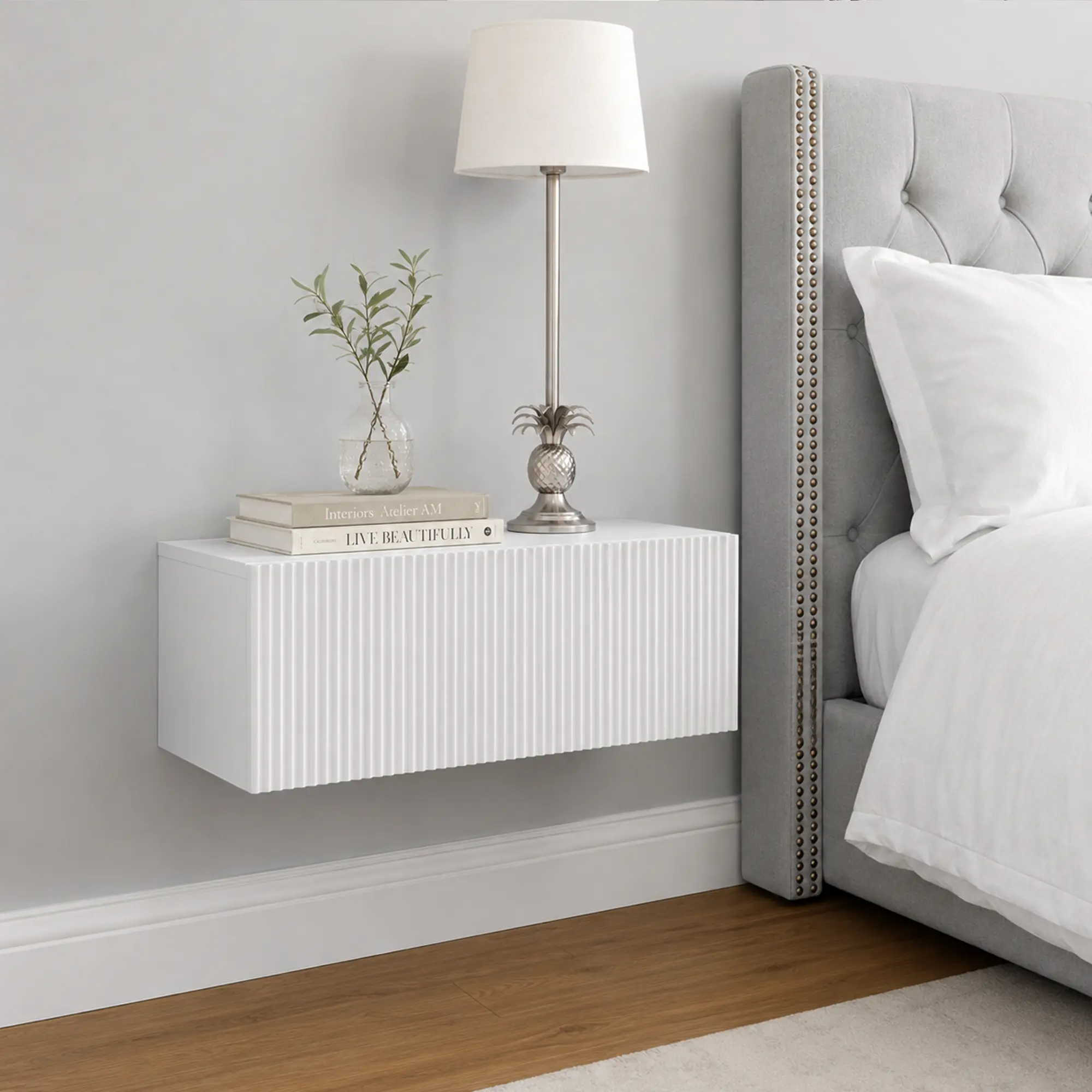 Compact Minimalist White Ribbed MDF Wall-Fixed Floating Vanity Table - Hand-Crafted, Single Drawer, Space-Saving Console for Bedroom, Bathroom, 15.75x23.62x8.67 in