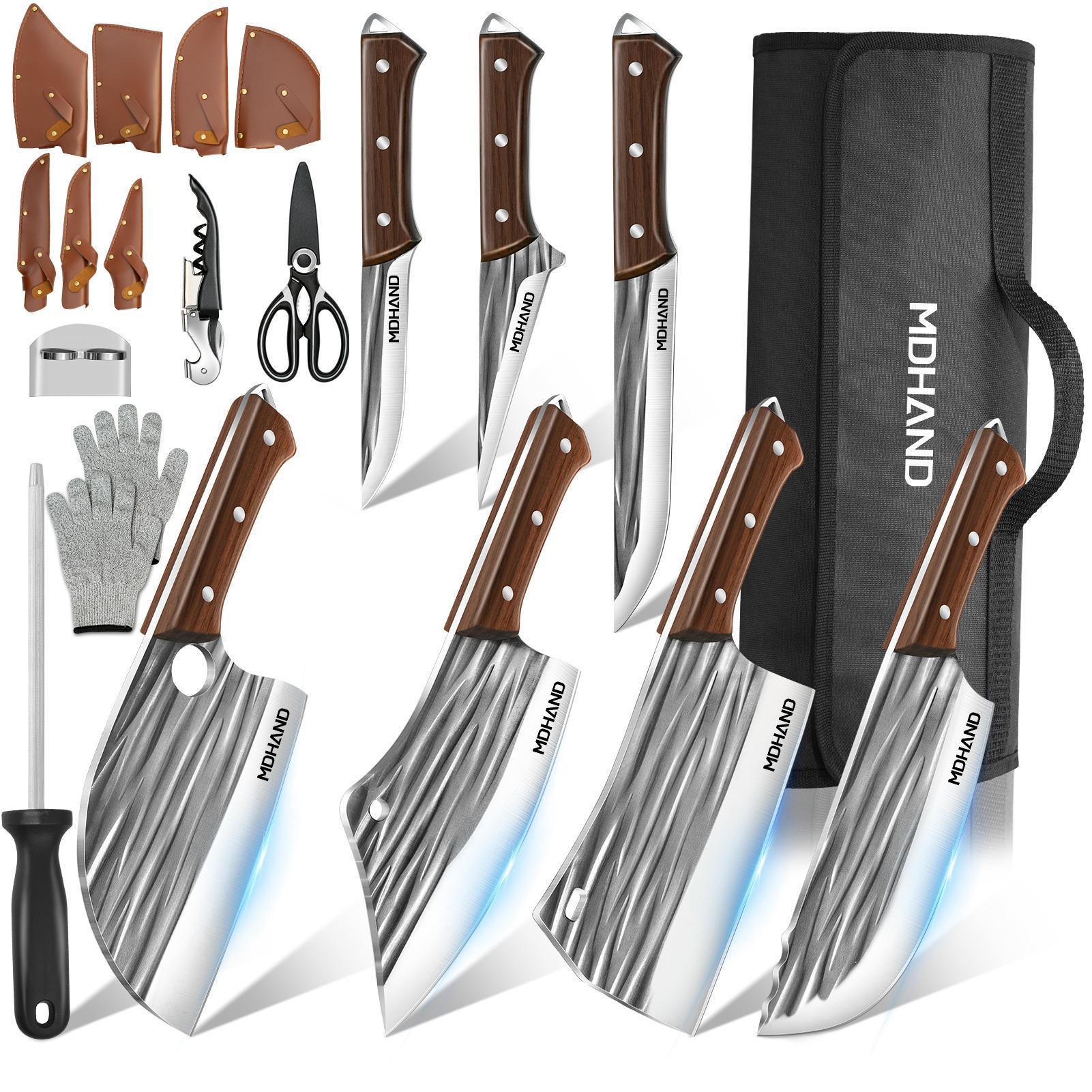 MDHAND 14pcs Chef Knife Set, Hand Forged High Carbon Steel,Includes Butcher,Meat Cleaver, Boning,and Viking Knives,with Knife Bag