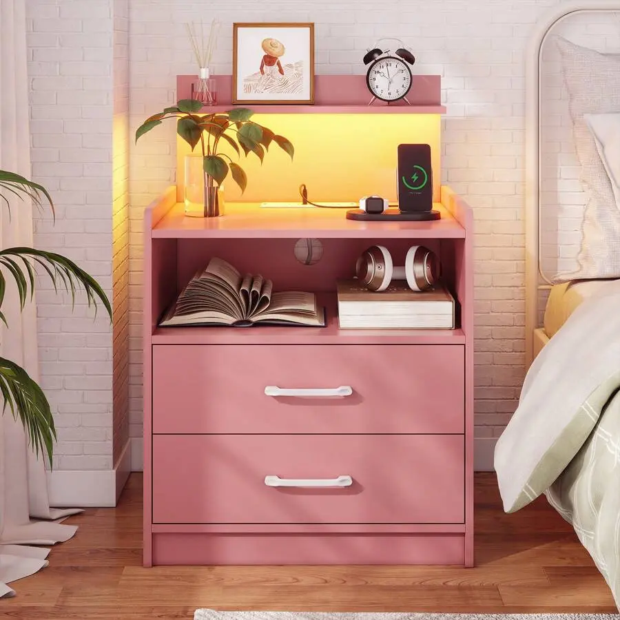 Smart Nightstand with Charging Station - 17.7"w x15.7"d x28.7"h 5-Tier Storage Modern Bedside End Table, 2 Drawers, Open Shelf, RGB App-Controlled LED Lights, USB Ports & AC Outlets, Space Saving Indoor Furniture for Bedroom, Small Spaces, Dorm Room Ideas