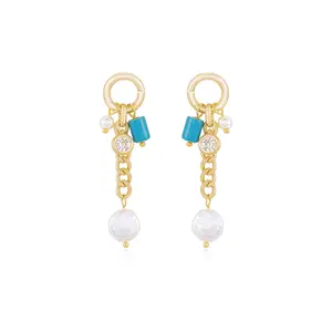 Ettika Pearl and Charm Dangle Earrings with Gold Frame and Turquoise Accents, Featuring Pearl and White Beads