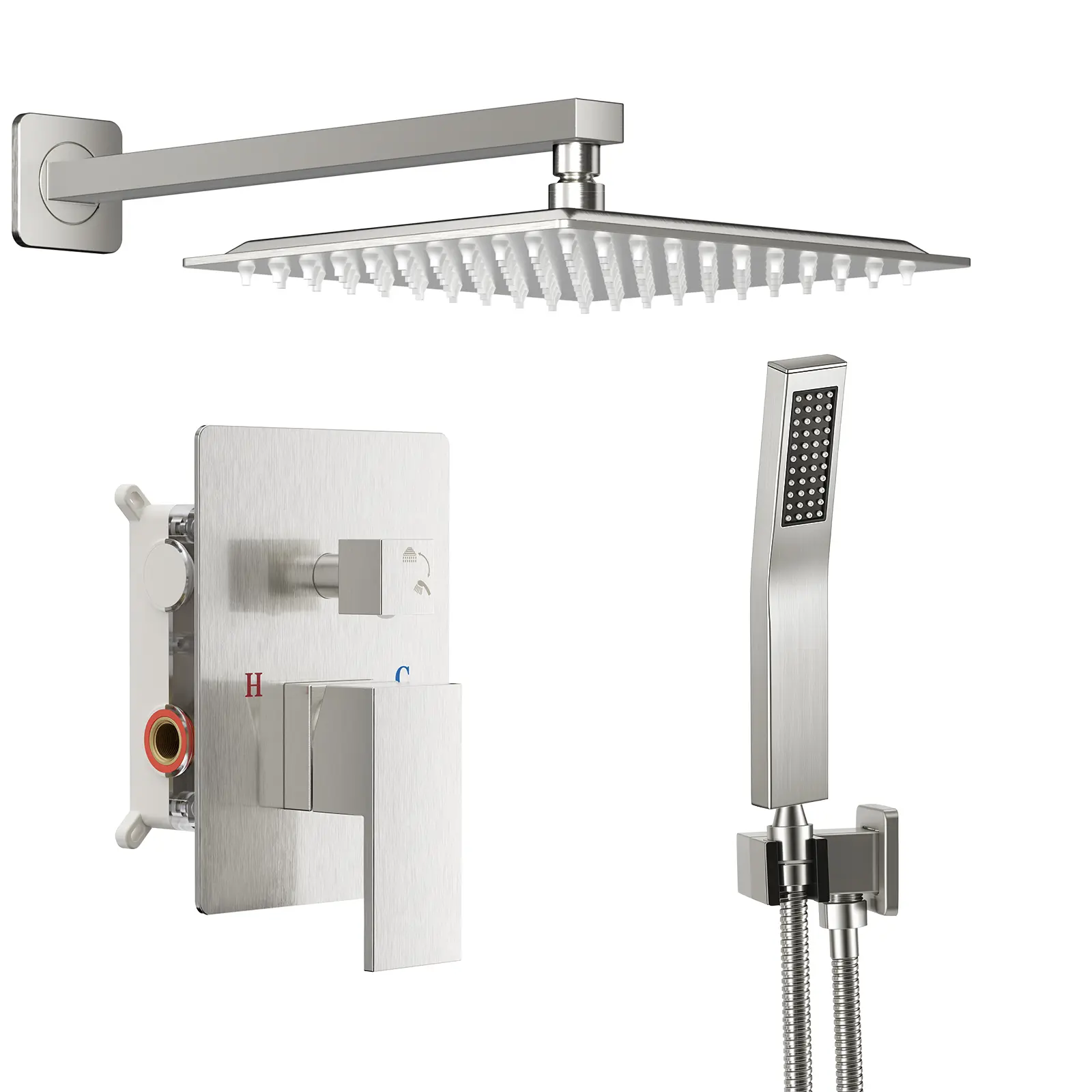 Wall-Mounted Shower Faucet Set, 10/12 inch Square Rain Shower Head with Handheld Spray, 304 Stainless Steel, Pressure-Balancing Temperature Control Valve, Self-Cleaning Nozzles, Complete Bathroom Shower System