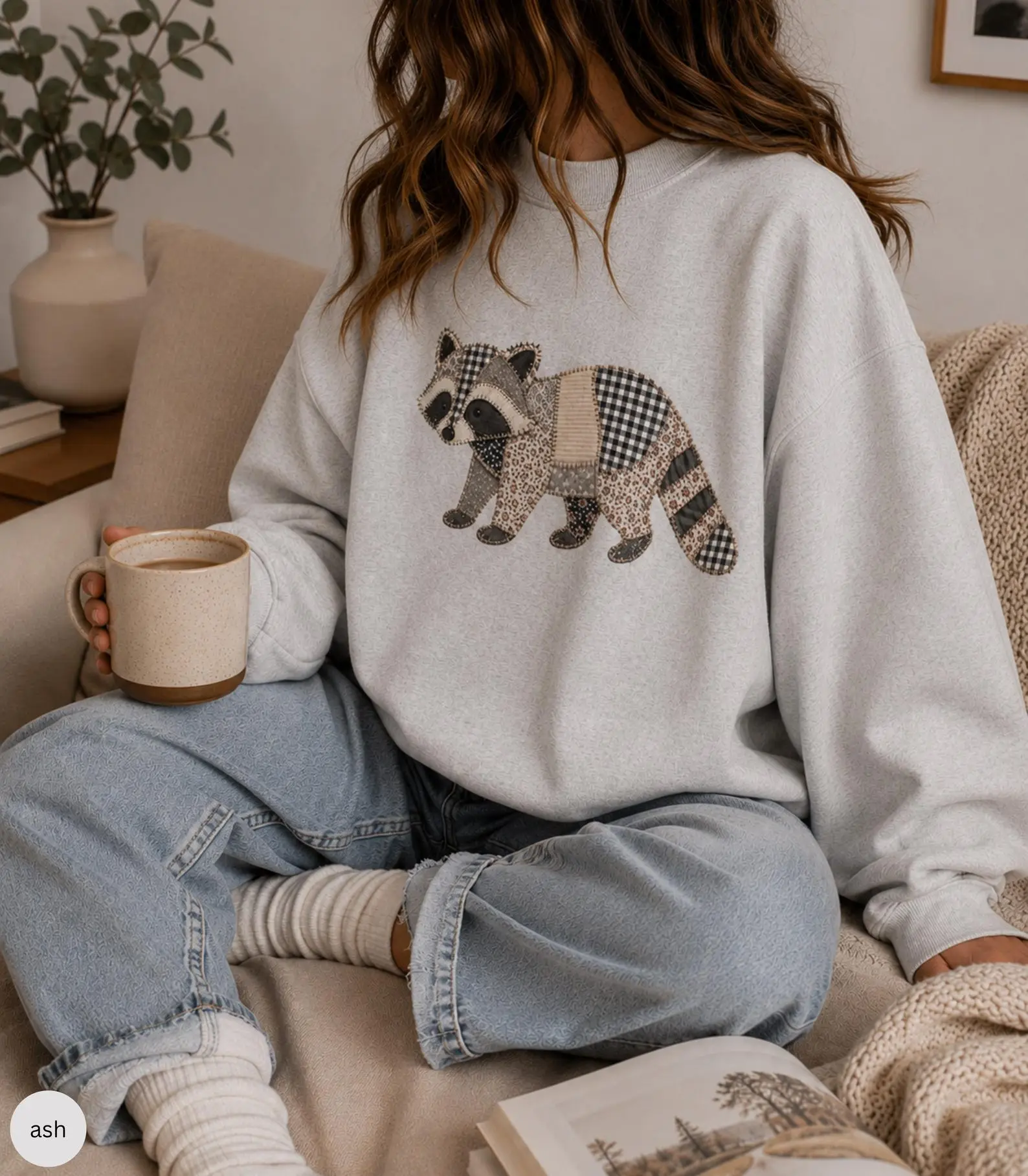 [Faux Patchwork] Raccoon Sweatshirt, Quilted Tee, Gift for Animal Lover, Aesthetic Cottagecore Sweater, Raccoon gift