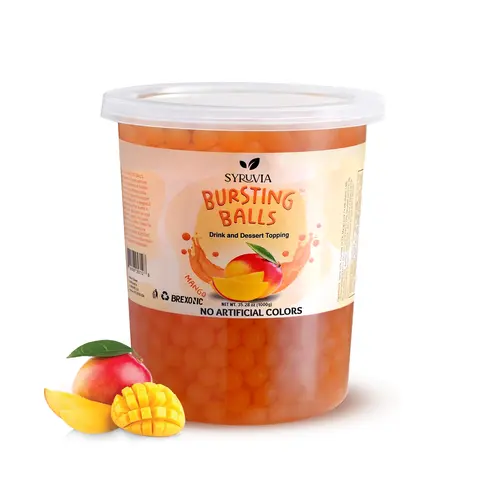 SYRUVIA Sweet Popping Boba Pearls, Mango, 2 LB. Bursting beverage & dessert topping for bubble tea and more. Mango-flavored tapioca pearls.