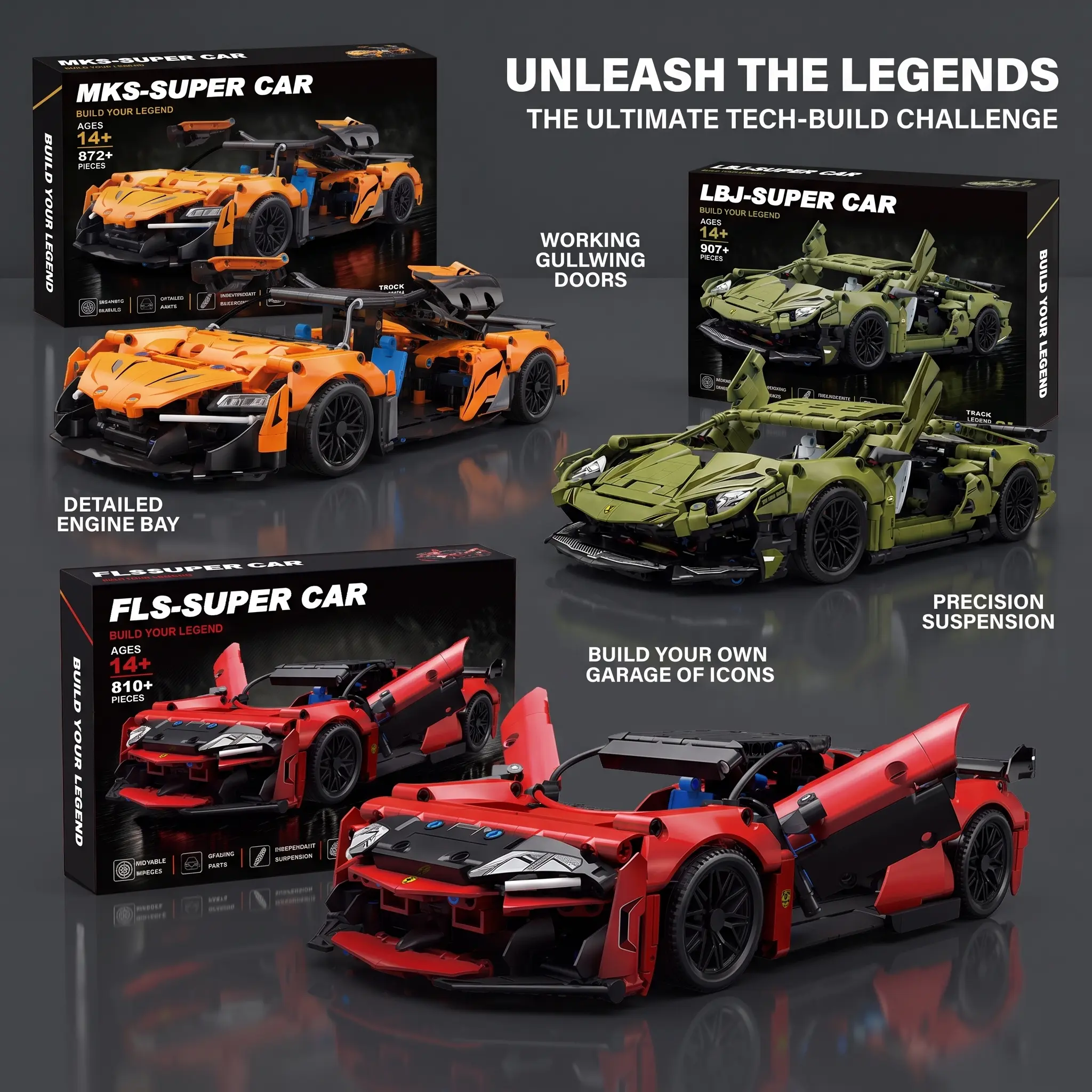 1:14 Scale Technic Supercar Building Blocks Set, Mechanical Sports Car Model with Working Doors & Independent Suspension, Collectible Race Car Building Kit Gift for Adults & Teens