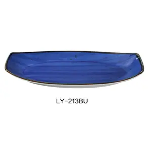 212 MAIN Yanco Lyon Series 12-Pack 13 in. Rectangular Porcelain Dinnerware Plates, Reactive Glaze, Blue Table Top Collectible