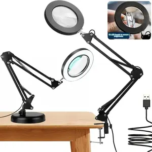 10x Magnifying Lamp with Light, LED Magnifier with Heavy-Duty Base & Adjustable Arm, 10X Magnification, USB Powered, Stepless Dimming, 3 Color Lighting (Warm/Cool/Tuneable) for Reading, Welding, Nail Beauty, and Craft Work