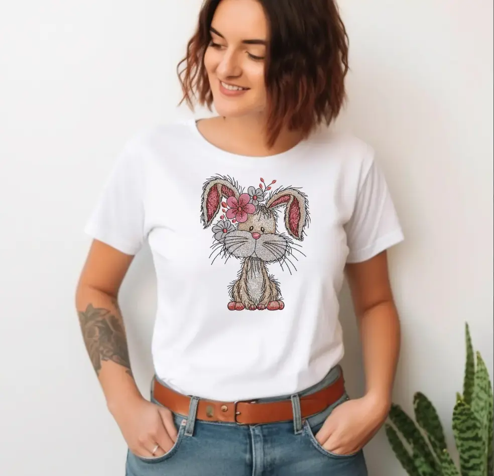 Embroidered Cute Bunny with Flowers T-Shirt - Adorable Rabbit Floral Tee for Women
