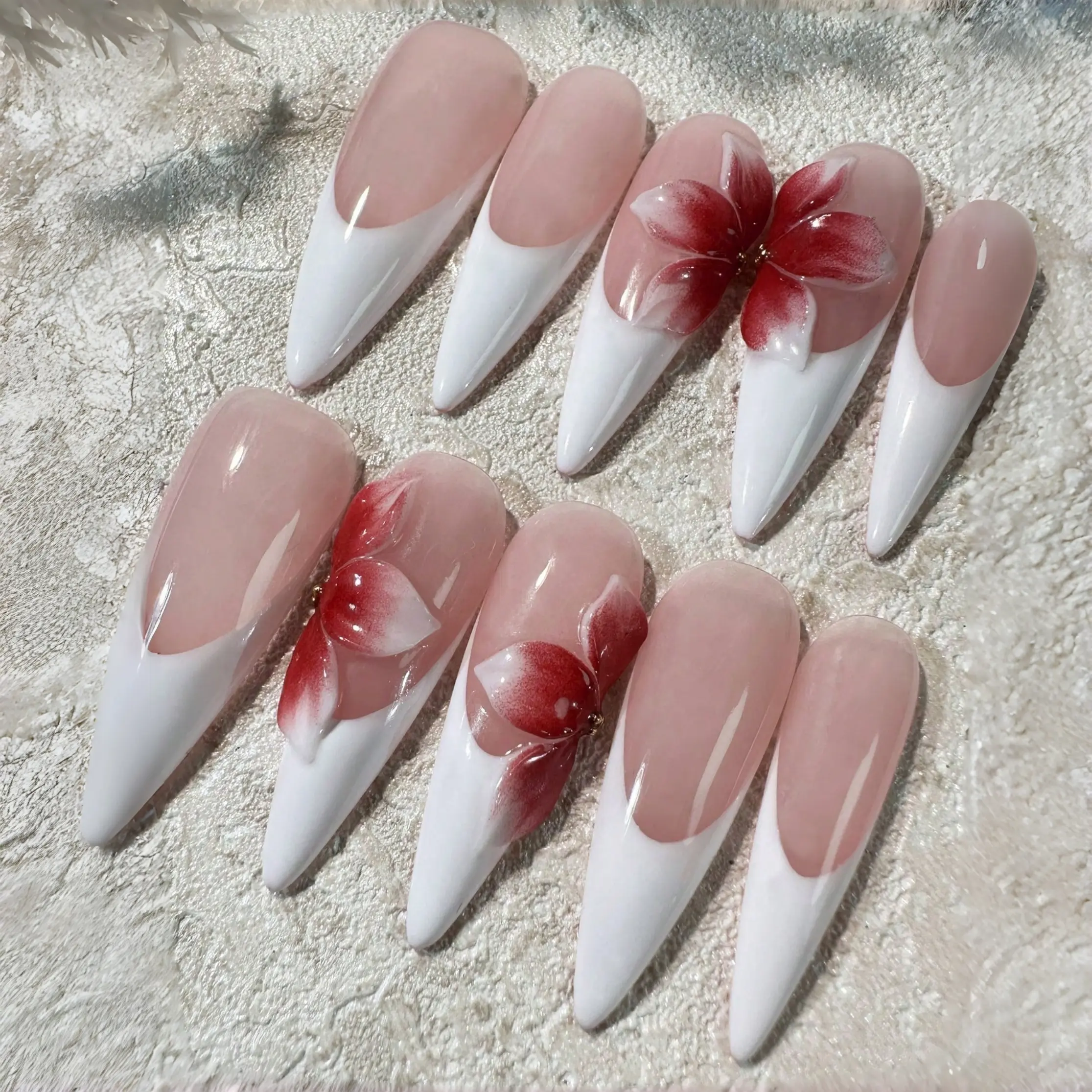 White French Tip Long Stiletto Handmade Press On Nails, Intricate Handcrafted 3D Bow Design With Embedded Rhinestones Shiny False Nail Tips