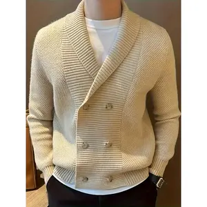 Men's Solid Color Knitted Cardigan, Casual Long-Sleeved Shawl Collar Double-Breasted Sweater, Suitable for Outdoor Activities in Winter and Autumn Tops Knitwear Menswear Knife Plain Beige Stripe Striped Yellow