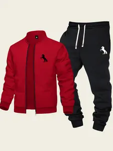 Men's Baseball Collar Casual Set 2-Piece Fashion Zipper Jacket & Drawstring Sweatpants Minimalist Trendy Design with Galloping Horse Print Ideal for Sports & Everyday Wear