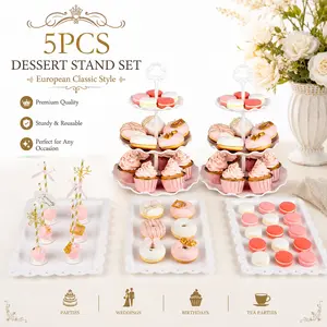 5 Pcs Dessert Table Display Set – 2 Cupcake Stands (Tier Tower) + 3 Serving Trays, Perfect for Tea Party, Birthday – Elegant Party Decor
