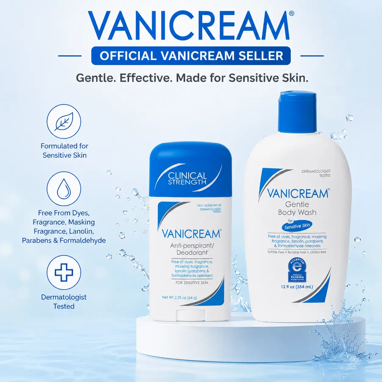 Vanicream Gentle Body Wash 12 oz & Clinical Strength Anti-Perspirant Deodorant 2 oz Bundle – Fragrance Free Sensitive Skin Care Set
