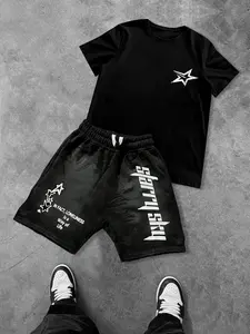 Men's Star Print Short Sleeve T-Shirt and Drawstring Shorts Matching Set, Casual Round Neck Tee and Gym Shorts, Summer Clothing, Graphic