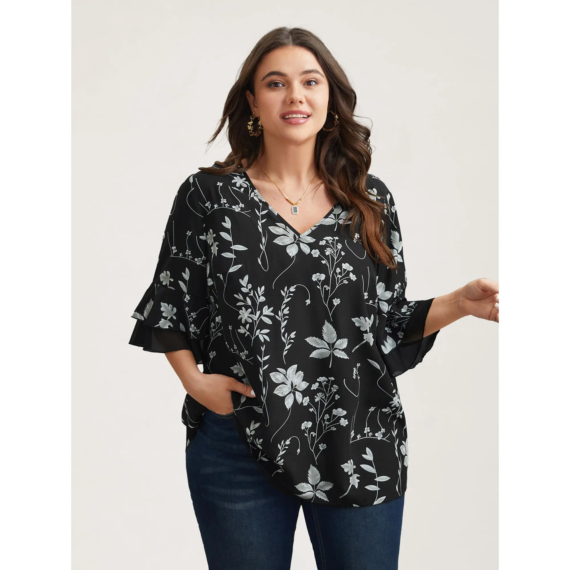 BloomChic Women's Plus Size Timeless Floral Patchwork Polyester Shirt with a Ruffled V-Neck and Short Ruffle Sleeves, Garment, Lady, Shirts, Blouse, Sleeve, Fabric, Tops, Trendy Blouses, Modest Fashion, Flower Patches, Elastane, Floral Print, Fit