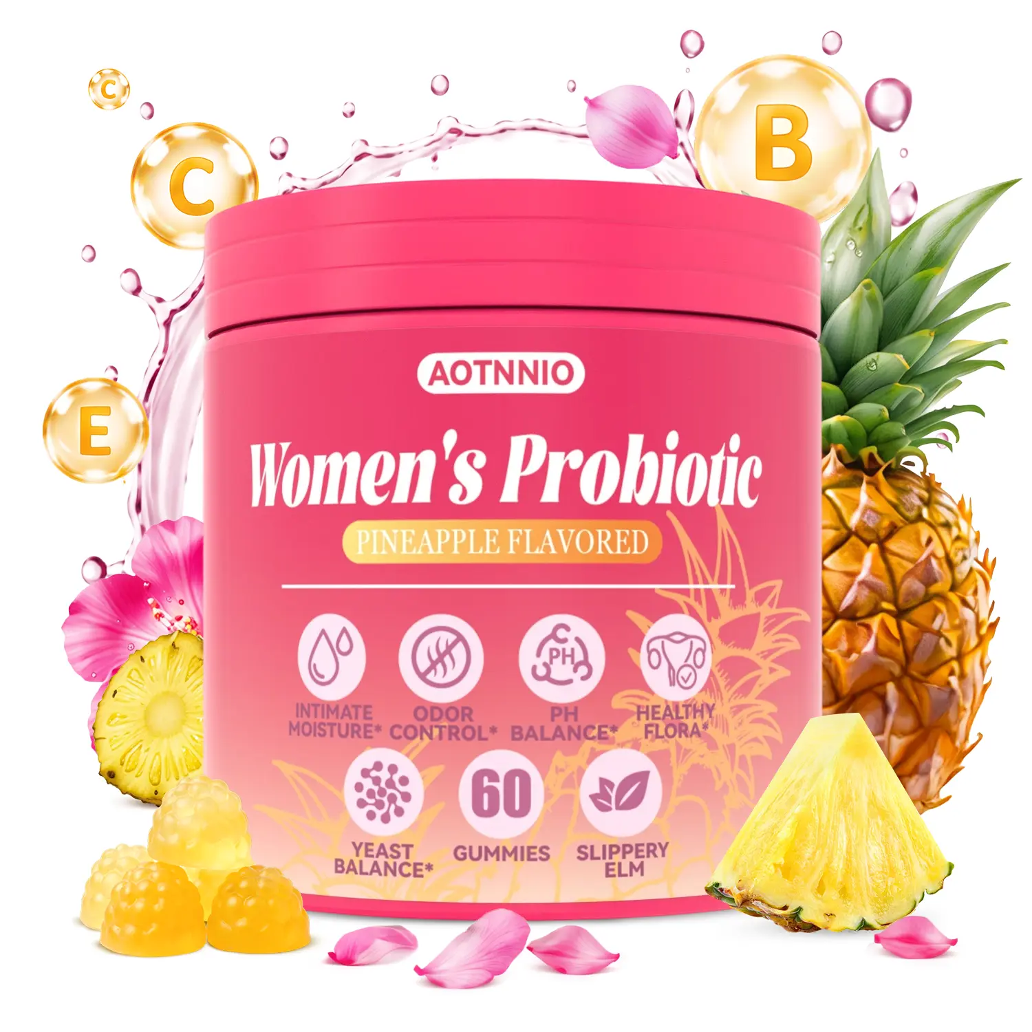 Pineapple Flavor - Feminine Probiotics 60 Gummies Dietary Supplement with Prebiotic&Probiotic Blend Slippery Elm