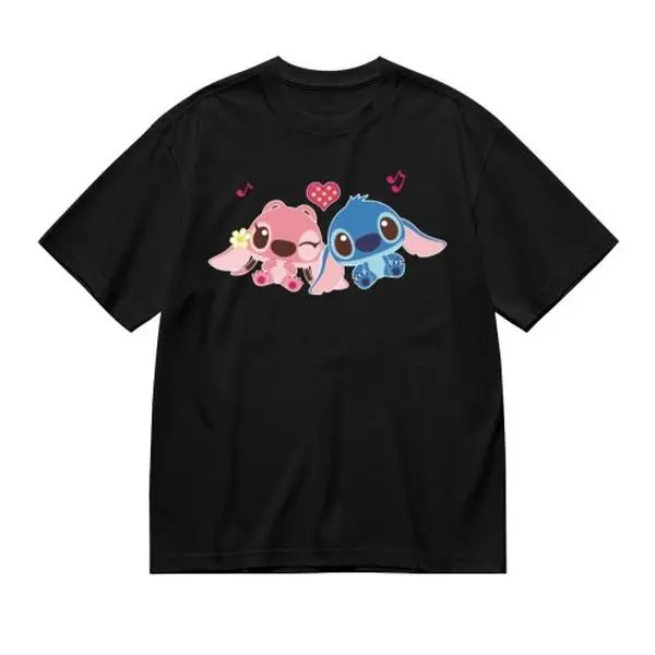 Disney Stitch & Angel Graphic T‑Shirt, Soft Cotton Casual Anime Tee, Unisex For Teen Boys & Girls, Couple Matching, Fashion Streetwear