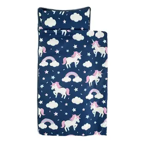 CozeCore Toddler Nap Mat with Pillow and Blanket for Kids Boys Girls Ages 3 Plus in Daycare Kindergarten Preschool, Roll Up Sleeping Bag, Multipurpose Comfy Bedding, Colorful Unicorn Star Moon, Navy Pink White, Standard