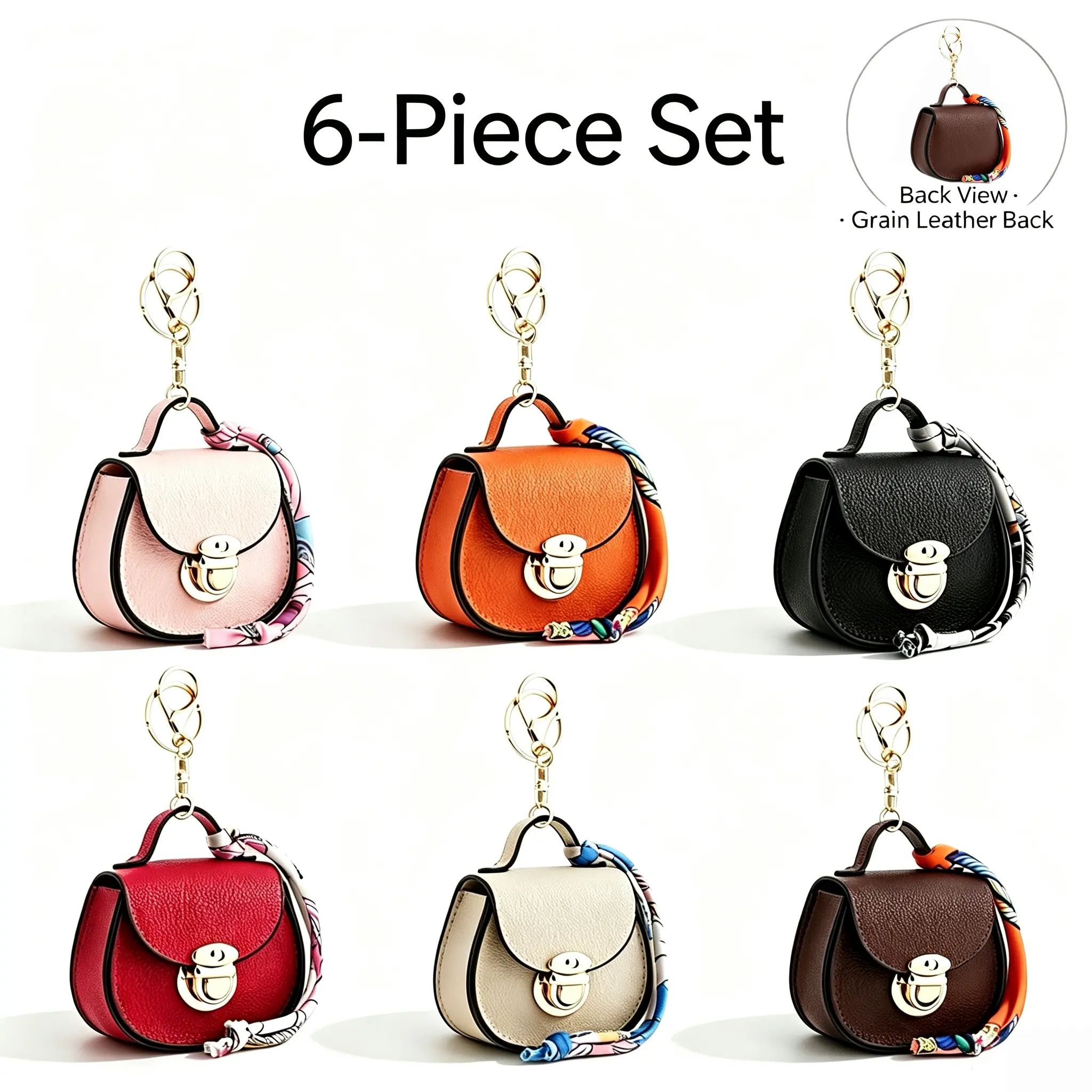 Women's Durable 6-Piece Matching Bag Pendant Keychain Set - Cute Soft Kawaii Accessories with Mini Saddle Bag Pendant, Lightweight Solid Color Keychain Attachment, Boutique Design Collectible for Car Keys, Christmas Stocking Stuffers
