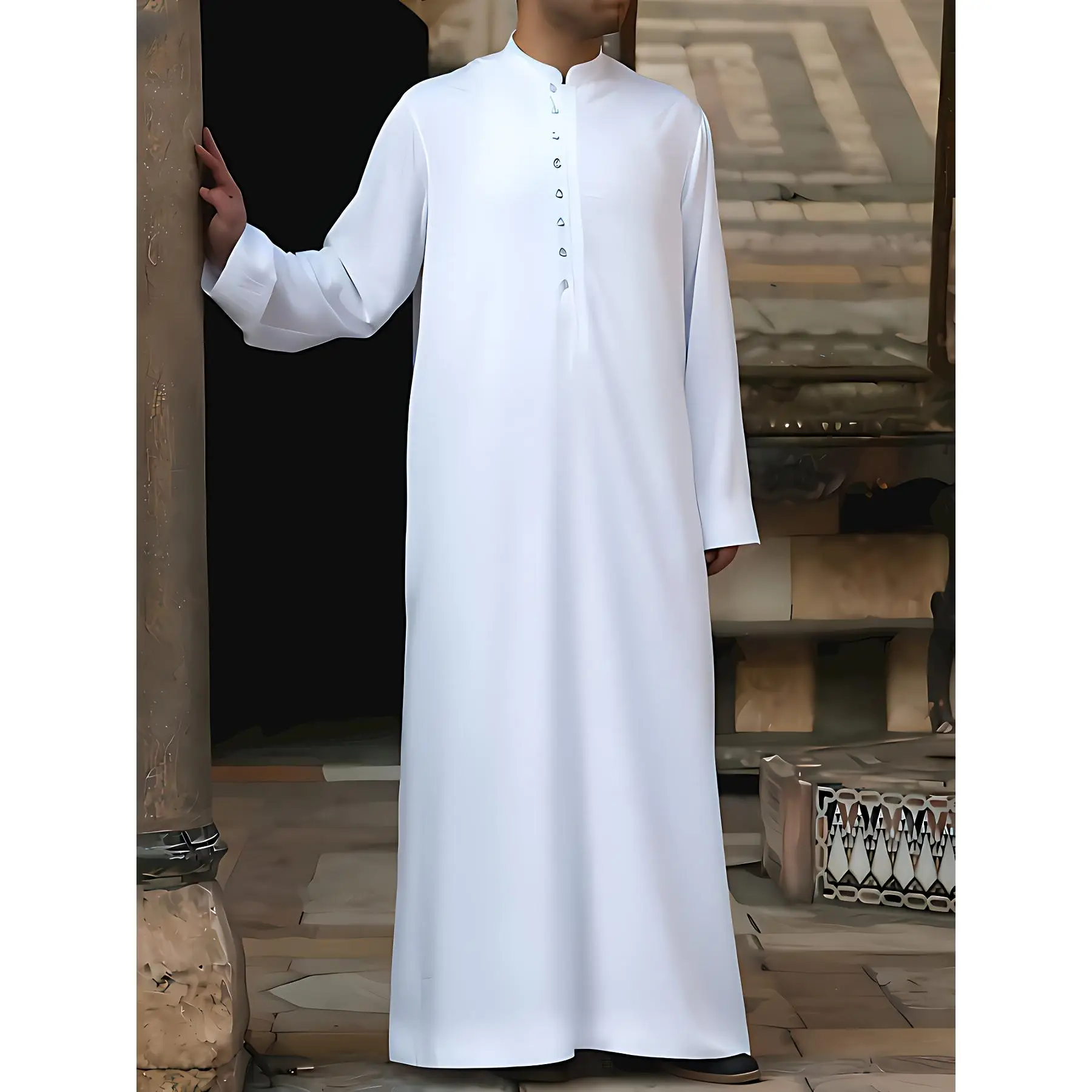 2024Authentic Arabic Kandora for Men - Long Sleeve, Solid Color, Band Collar, Vintage Casual Dubai Jubba Thobe for Eid Al-Adha, Ramadan, and Special O