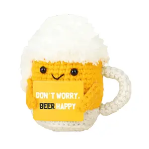 Handmade Crochet Beer Plushie Cuddly Stuffed Animal with "Don't Worry, Beer Happy" Message | 4-inch Funny Desk & Home Decor | Unique Gift Stuffed Animal Gifts for Men, Beer Lovers, Office | Novelty Stress Relief Toy Soft Stuffed Animals