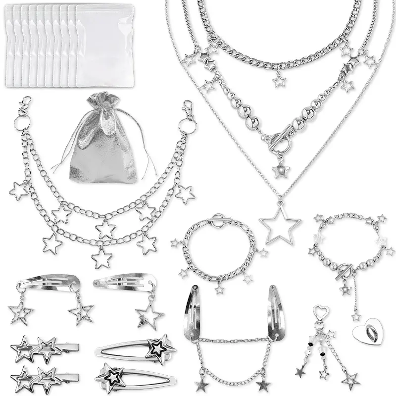Y2k Accessories Set Included Star Y2k Silver Necklace Grunge Layered Necklace Star Hair Clip Y2k Silver Hair Clips Keychain Hip Hop Pants Chain Vintage Jewelry Set for Women