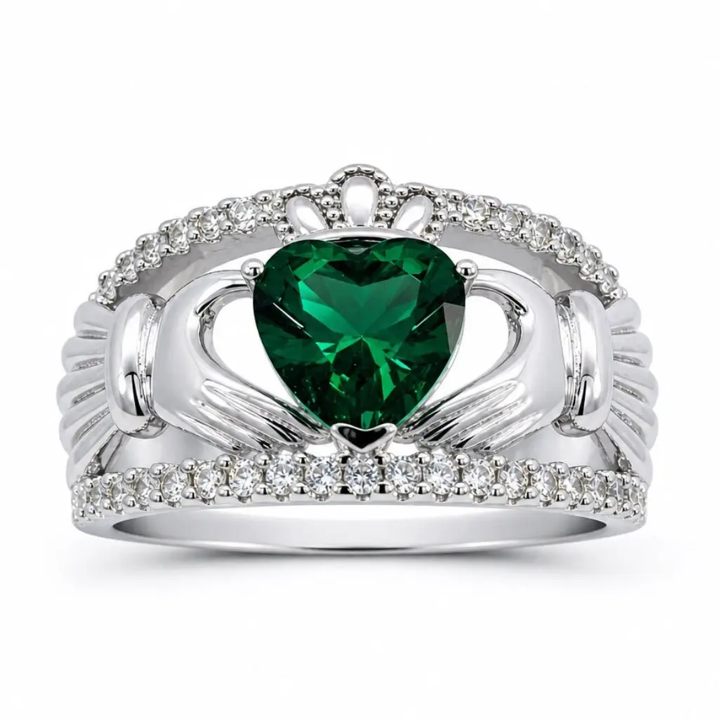 Sterling Silver Green and White CZ Celtic Claddagh Ring - S21197