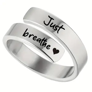 Adjustable Stainless Steel "Just Breathe" Heart Ring for Women - Inspirational Spiral Wrap Healing Ring, No Mosaic Material, Durable Jewelry Gift