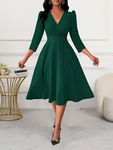 Spring Summer Slim Fit Formal Women's Dress, Cross Neck Pure Color Medium Length, Saint Patrick's Day Party, Wedding Season, Daily Elegance