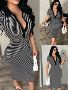 Retro Contrast Color Striped Polo Collar Fitted Dress - Summer Casual Fashion
