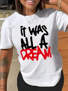 Women's Letter Print Round Neck Tee, Fashion Casual Crew Neck Short Sleeve T-shirt for Daily Holiday Vacation Outdoor Wear, Ladies Clothes for All Seasons