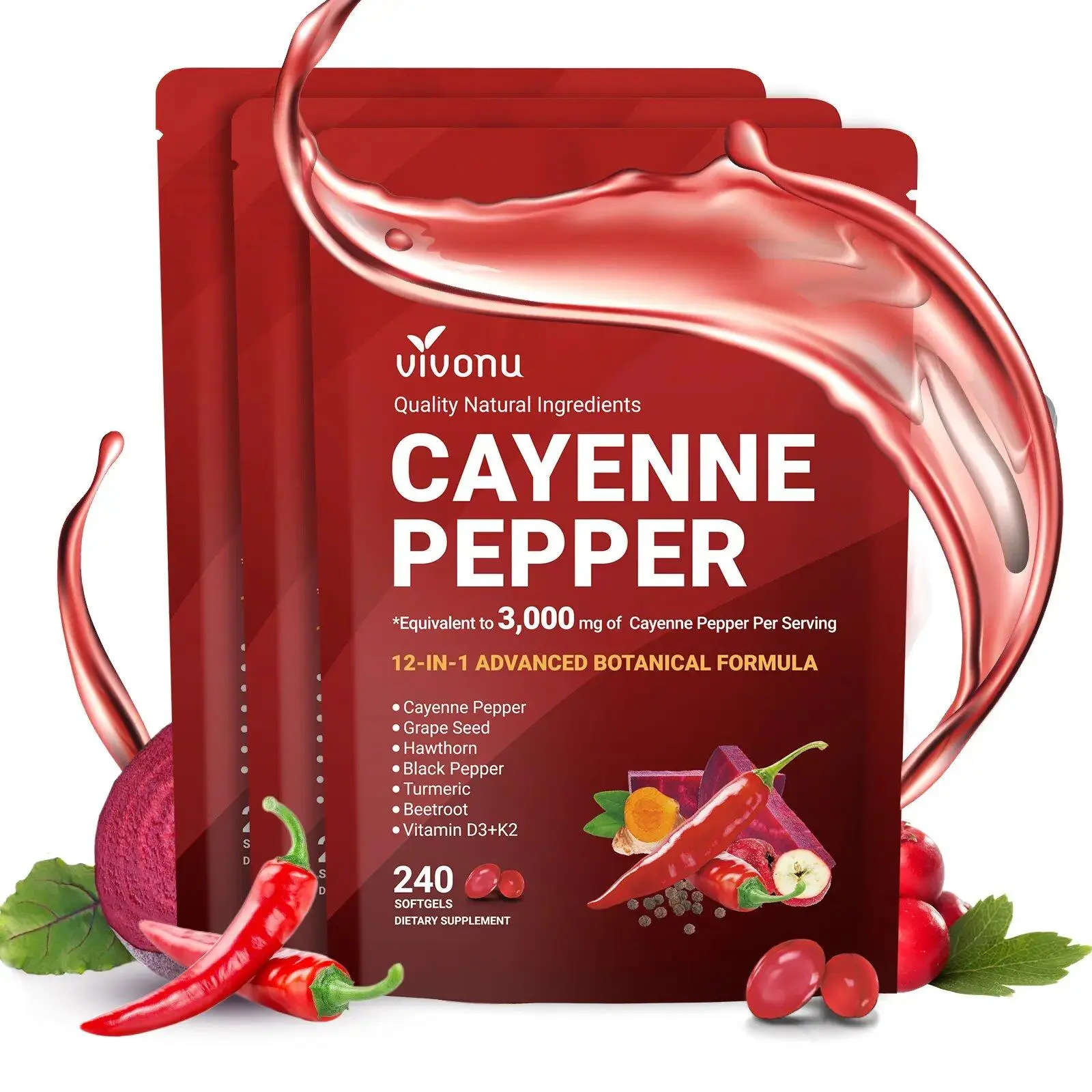 VivoNu Cayenne Pepper Softgels Supplement, Supports Leg Vein, Heart and Blood Vessel Health, with Vitamin E D3+K2 and Extracts of Grape Seed, Hawthorn, Beetroot and Others (240 Softge /1 Bag) SummerVibes