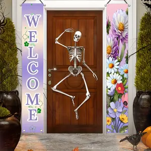 2pcs Universal Seasonal Flower Welcome Porch Banner Logo, Floral Pattern Design Decoration Hanging Banner Flag, Holiday Party Farmhouse Decoration Home Outdoor Decoration Decorations Supplies, 70.8x12 Inches