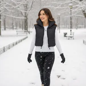 NY Threads Cropped Puffer Vest Women's Lightweight Zip Up Winter Vest Collared Fitted Adjustable Polyester Basic Black Tops Smooth Fit