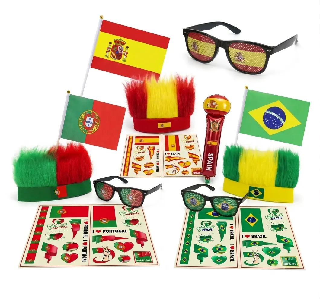 5PCS Festive Party Fan Kit Gift, Comfortable Lightweight Headbands, Flag, Balloon, Wig, Glasses & Tattoo Sheets Party Accessory