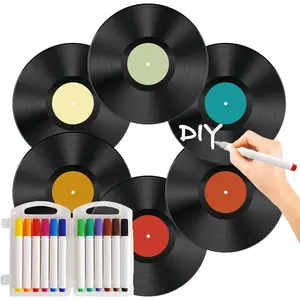 6 count Vinyl Records Decorations 12 Inch with Markers, Double Side Tape and Vinyl Center Label,  Record Decor for Wall Aesthetic, Rock & Roll  Party Decor