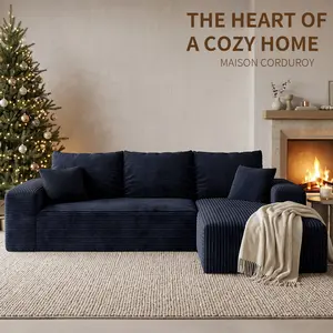 【Deals For You】Joylsle Black 103" Wide Ergonomic Corduroy Sectional, Posture-Friendly Modular L-Shaped Couch for Office Lounge & Reading Nook, 2 Packages with 1 Reversible Chaise and 2 Throw Pillows,  Sofa,Fluffy Modern Sofa Deep Seat Sofa