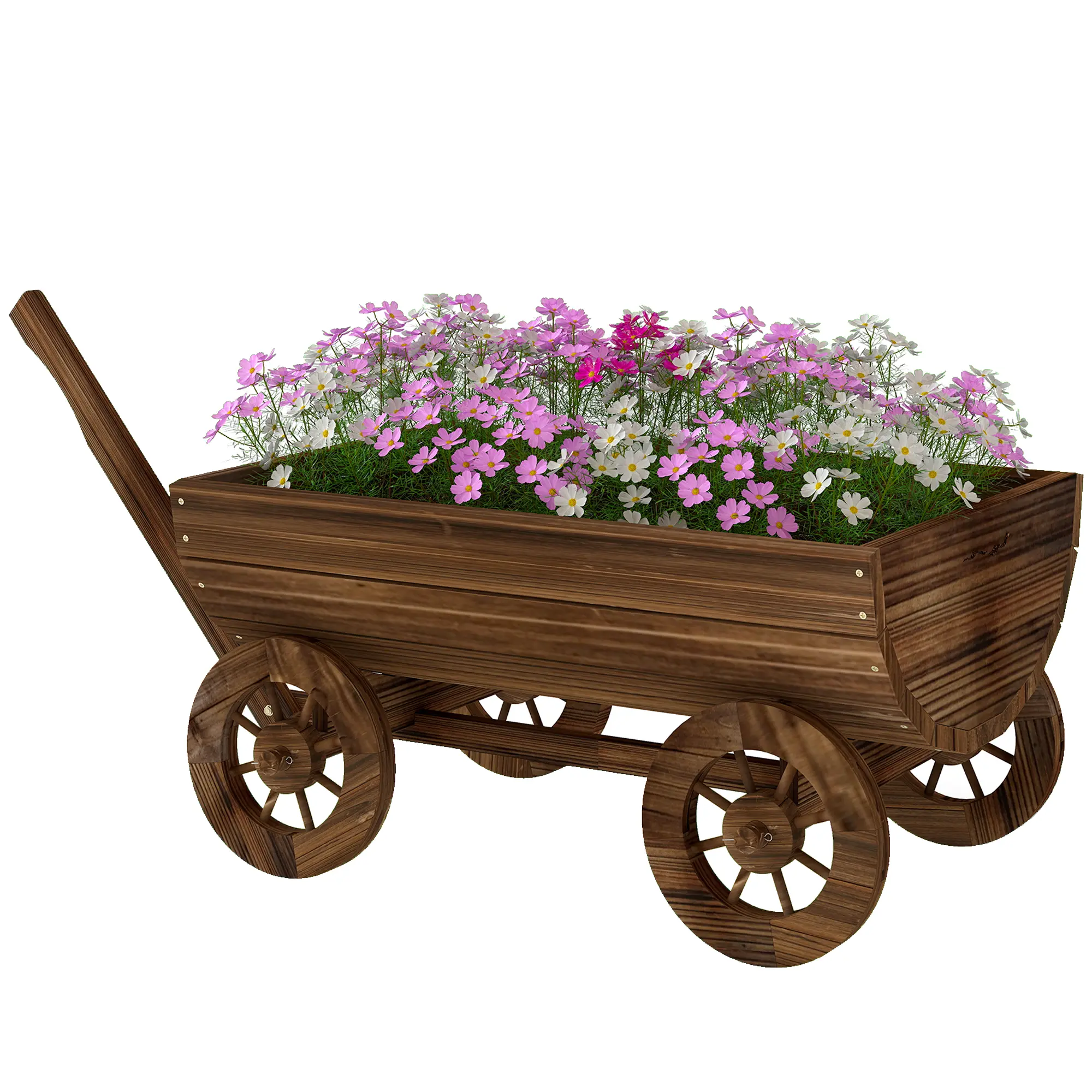 Wooden Wagon Planter Box - Mobile Garden Planter with 4 Wheels, Small Wheelbarrow Flower Cart Featuring Drainage Hole