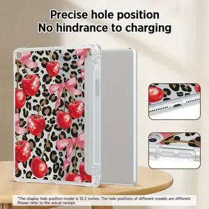 Leopard-Print Cherry Bow Transparent Tablet Case with Built-in Pen Slot Soft TPU Material Compatible with iPad Air 4/5/6, iPad Pro 11-inch (2024 model), iPad Mini 4/5/6/7, iPad 10th generation, iPad 9/8/7 series. Single-sided protection design.