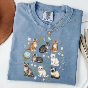 Comfort Colors Cottagecore Cat T-Shirt, Vintage Cat T-Shirt, Cottagecore Clothes, Cat Lover Gift, Kittens and Pressed Flower, Goblincore Tee