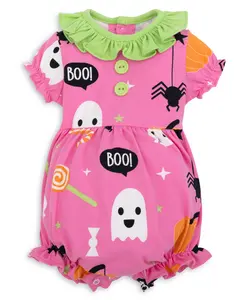 Boo! Pink Knit Halloween Print Baby Toddler Girls' Bubble with Lime Green Ruffle Collar