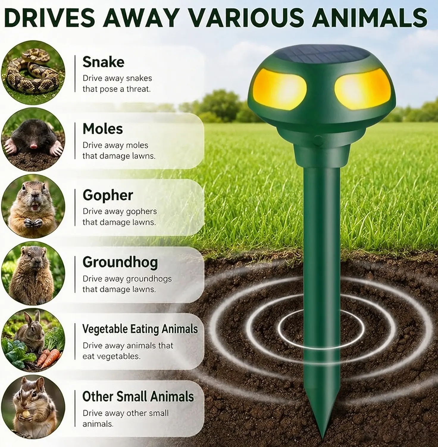 2-Pack Solar-Powered Ultrasonic Snake Gopher Mole Repeller, Non-Toxic Pet Safe Rodent Deterrent, Outdoor Lawn Garden Pest Repellent Safe for Dogs Cats & Children solution