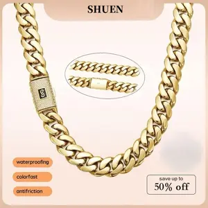 SHUEN 14K Gold Vacuum Plated Stainless Steel With Copper Black "S" Ear Flip Clasp Miami Cuban Link Chain 14mm Necklace Italy Mexico & Micro Inspired for Women & Men Luxury Jewelry,Daily Wear,Fashion,Classic,Hip Hop,Simple,Sporty,Lgbt