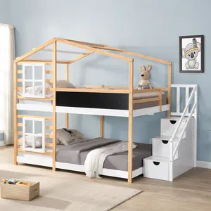 Full over Full Bunk Bed House Bed With Roof Windows Blackboard And Storage Ladder Platform Bed,bed Frame