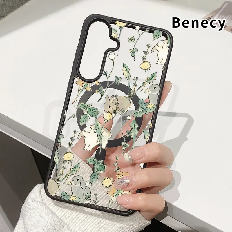 Magnetic Smartphone Case for Samsung Galaxy S22+ S23 Ultra S24 Plus S25 FE - Transparent Acrylic, Non-Slip, Pocket-Friendly, Bunny Floral Dream Design - Handheld Device Wireless Protection Cover, Ideal Gift, Devices