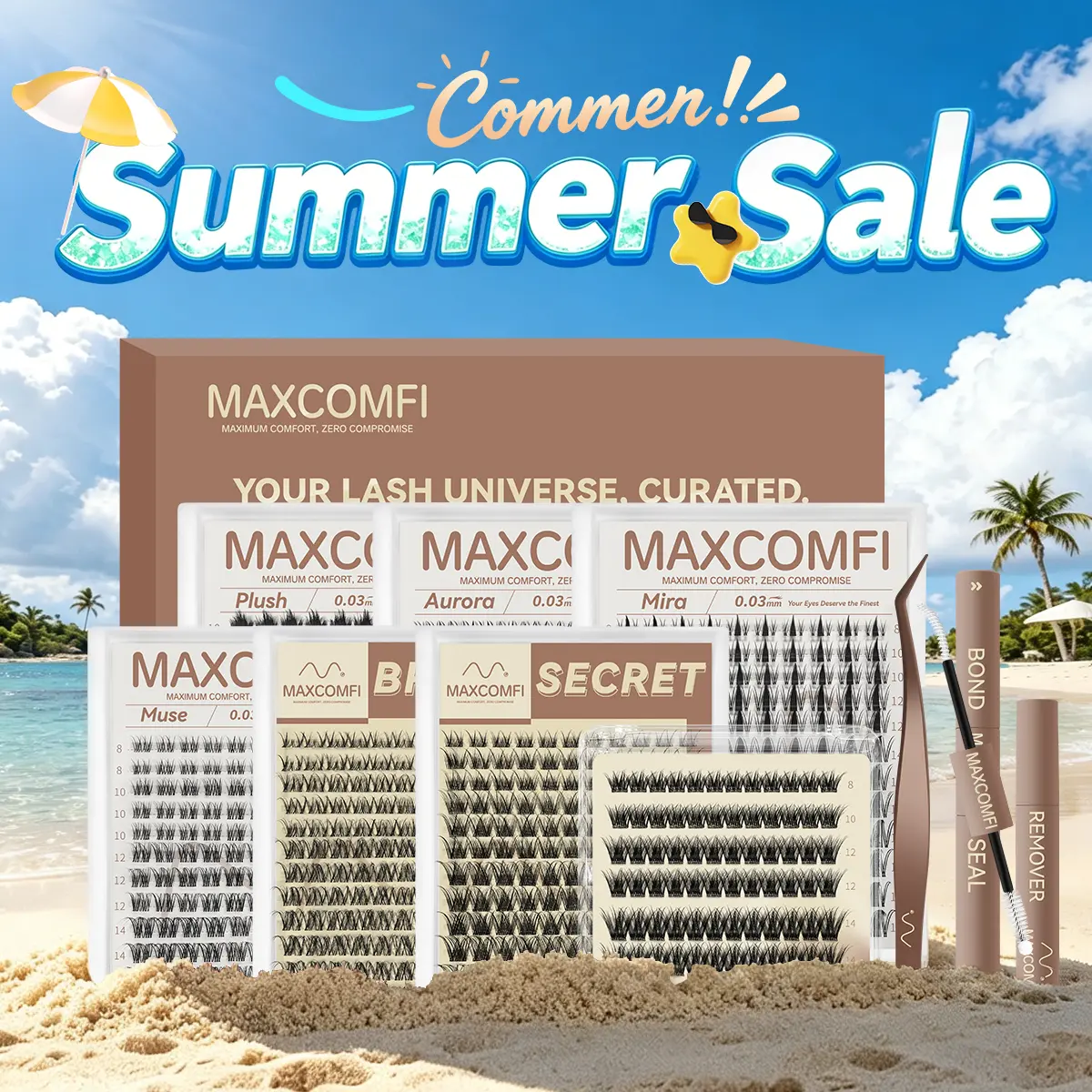 MAXCOMFI Pro DIY Cosmetic Cluster Lashes Set, Limited-Time Deal, Waterproof Long-Lasting Venus Velure Style, Natural to Voluminous Anime Manga Lashes for Beginners, Makeup Essential, Anime Lashes Summervibes,sunscreen