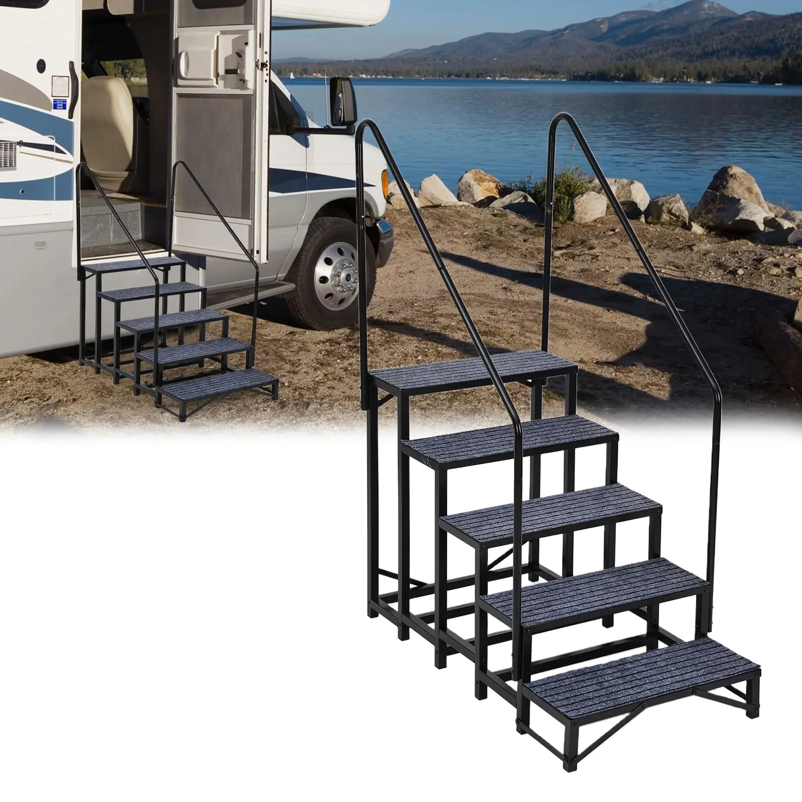Garvee Steel Portable 5-Step RV Stairs with Handrails, Non-Slip Mats, Waterproof Compact Multi-Use Outdoor Motorhome Accessory for Travel Trailers, Campers