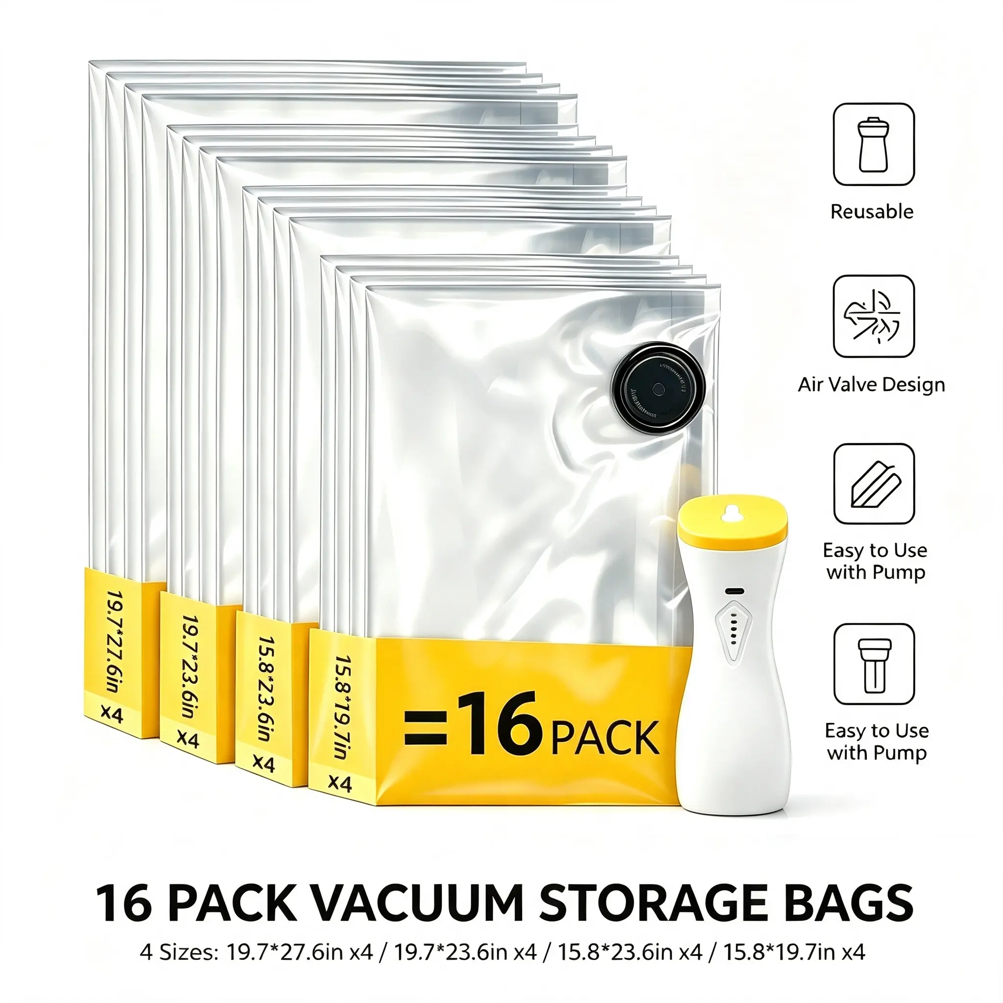 Kiruxna Vacuum Bags for Travel with Rechargeable Wireless Multifunctional High-Suction Air Pump - 4-Size Instant Compression Packing Bags, Space-Saver Luggage Organizer for Unisex Adults’ Clothes & Seasonal Clothing Storage, Luggage Organizer Bags, 4 Size