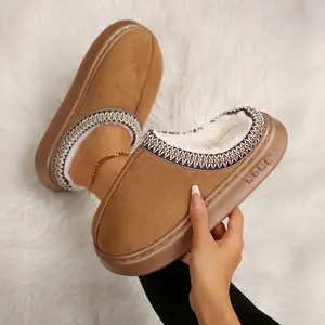 Women's Mini Snow Boots Suede Winter Mules Platform Fleece-Lined Embroidered Collar Anti-Slip Indoor Outdoor Shoes Camel Soft